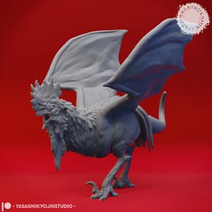 “Cockatrice resin miniature by Yasashii Kyojin Studio, featuring a winged rooster-like monster with draconic features displayed against a red background.”