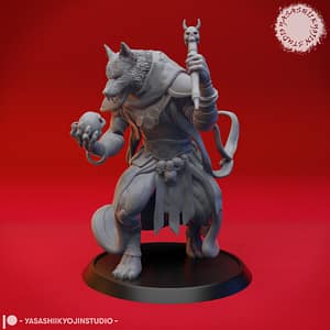 “Coyote Necromancer resin miniature by Yasashii Kyojin Studio, showing a humanoid coyote spellcaster holding a skull and staff on a red background.”