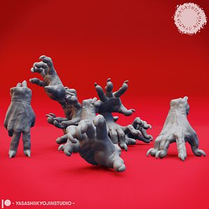 “Dark Fantasy Crawling Claw Miniature set with six poses sculpted by Yasashii Kyojin Studio on red background.”