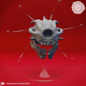 “Death Tyrant resin miniature by Yasashii Kyojin Studio, showing an undead beholder skull with spectral eye stalks and fanged jaw floating on a clear stand against a red background.”