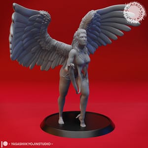 “Deva resin miniature by Yasashii Kyojin Studio, featuring a celestial winged angel warrior with large feathered wings standing on a display base against a red background.”