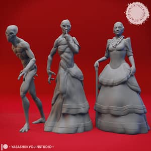 “Doppelganger resin miniature set by Yasashii Kyojin Studio, featuring three poses—Hidden Noblewoman, Transformer, and Stalking true form—displayed against a red background.”