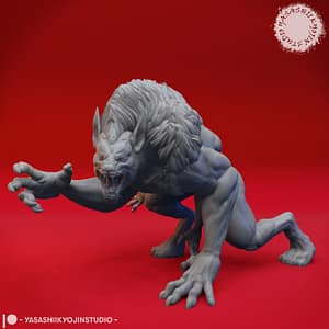“Draegloth resin miniature by Yasashii Kyojin Studio, showing a crouched demonspawn pose with elongated claws and a snarling fiendish face on a red background.”