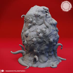 3D-rendered resin Elder Oblex miniature featuring a mound of ooze, skulls, and writhing tendrils by Yasashii Kyojin Studio against a red background