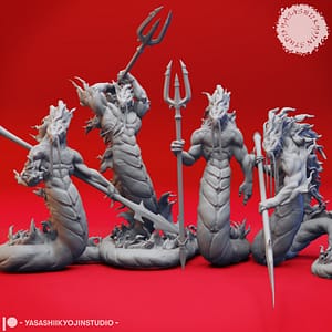 Four resin Flame Salamander miniatures—Attacking, Guarding, Spearing, and Throwing poses—serpentine fire warriors wielding tridents, sculpted by Yasashii Kyojin Studio, displayed against a red background