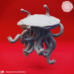 Resin Flumph miniature with a domed body, long curling tentacles, and two eyestalks, sculpted by Yasashii Kyojin Studio and displayed against a red background