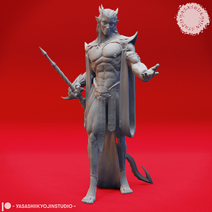 “Resin miniature of the Graz'zt Hellborne Swordmaster in a commanding pose holding a spear, sculpted by Yasashiikyojin Studio against a red background.”