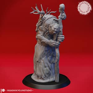 “Annis Hag resin miniature by Yasashii Kyojin Studio, featuring a twisted witch-like creature with a staff and antler-like growths, displayed on a black base against a red background.”