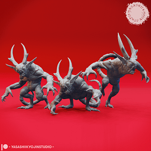 “Quasit Fiendling of the Abyss resin miniature in three dynamic poses — Awaiting, Attacking, and Crouching — sculpted by Yasashiikyojin Studio against a red background.”