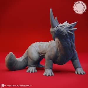 Resin Guard Drake miniature with thick scaled body, horned jawline, and defensive crouched posture, sculpted by Yasashii Kyojin Studio and displayed against a red background