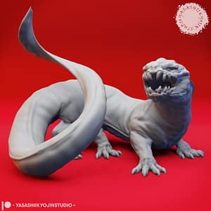 Resin Frost Salamander miniature posed low to the ground with a long curling tail and snarling icy jaws, sculpted by Yasashii Kyojin Studio and displayed against a red background