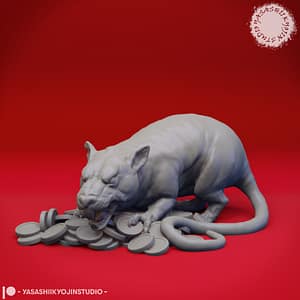 Resin Giant Rat miniature crouched over a pile of scattered coins, snarling with exposed fangs and a long curling tail, sculpted by Yasashii Kyojin Studio and displayed against a red background