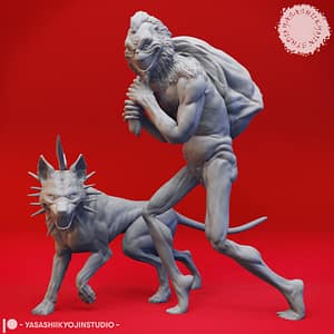 Resin miniatures of a grinning trickster creature carrying a sack alongside a snarling, spiked-collar hound companion—Grinch and Max poses by Yasashii Kyojin Studio—displayed against a red background