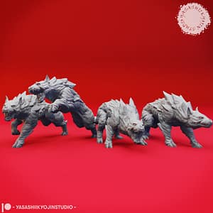 Four resin Hell Hound miniatures—growling, leaping, running, and stalking—depicted with spiked infernal hides, muscular bodies, and snarling expressions, sculpted by Yasashii Kyojin Studio and displayed against a red background