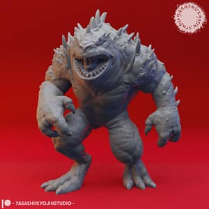 Resin Hezrou miniature depicting a hulking toad-demon with spiked hide, muscular arms, clawed hands, and a wide fanged grin, sculpted by Yasashii Kyojin Studio and displayed against a red background