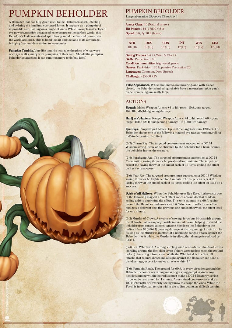 “Pumpkin Beholder resin miniature by Yasashii Kyojin Studio, featuring a carved pumpkin monster with vine tendrils and gourd eyestalks displayed against a red background.”