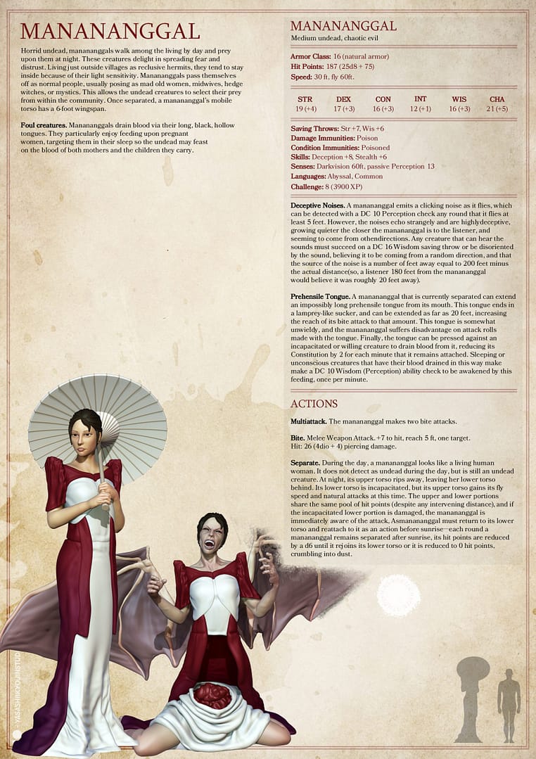 “Resin miniature of a Manananggal in dual forms — one standing with wings unfurled and parasol, the other kneeling mid-transformation — sculpted by Yasashiikyojin Studio against a red background.”