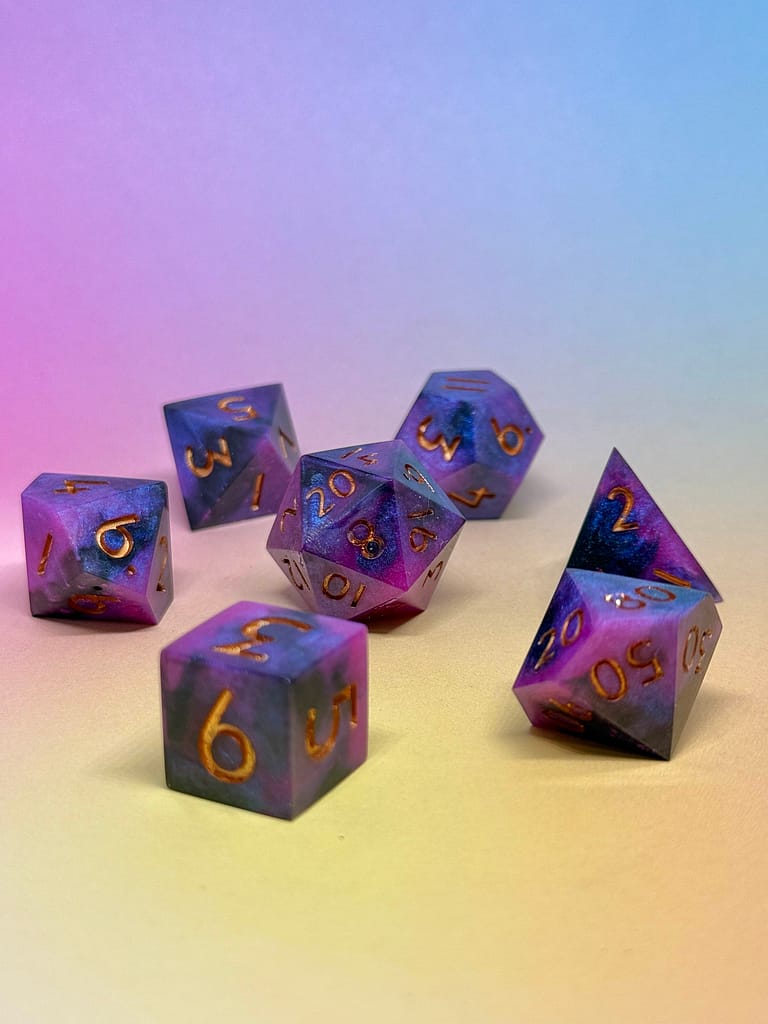 Blue and Purple TTRPG Dice with Gold Numbers